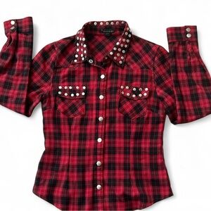 Red Plaid Button down top with metal accents